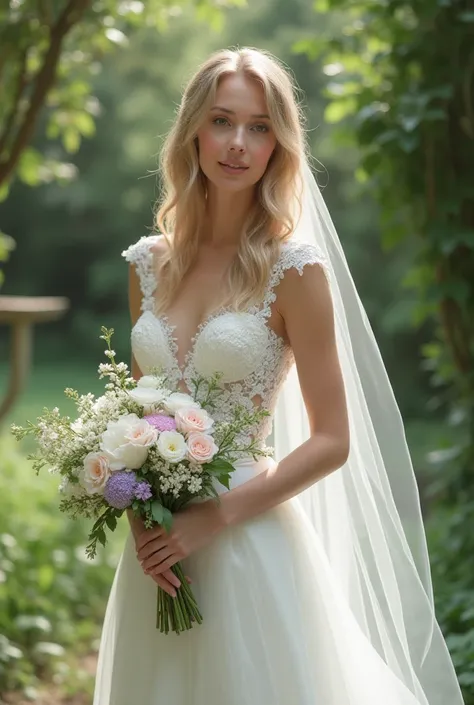 Une mariée blonde en robe fluide à dentelle blanche, verdure en arrière plan, bouquet de fleurs blanches, fleurs roses, fleurs violet clair