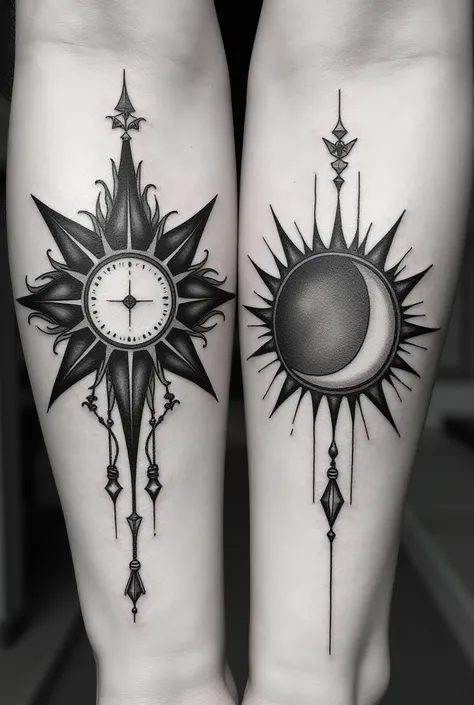 Can you make me two complementary tattoos in black and white for a brother and a sister in reference to the sun and moon medallions of the mysterious cities of gold please.