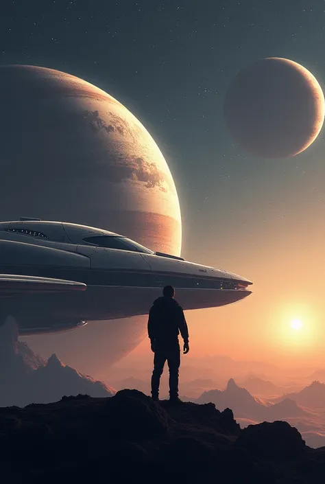 Silhouette of a man watching a futuristic ship and planets