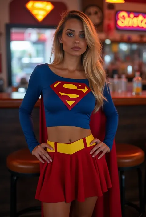 she is harassed at the bar by a pumped up Latino man, sexy pose, hot pose GIRL (IN SUPERGIRL Pair) Blonde VERY SEXUAL, blue-eyed girl dressed in a pair of SUPERGIRL and PLATFORM. (classic supergirl costume, yellow belt, red skirt, long sleeves)large breast...