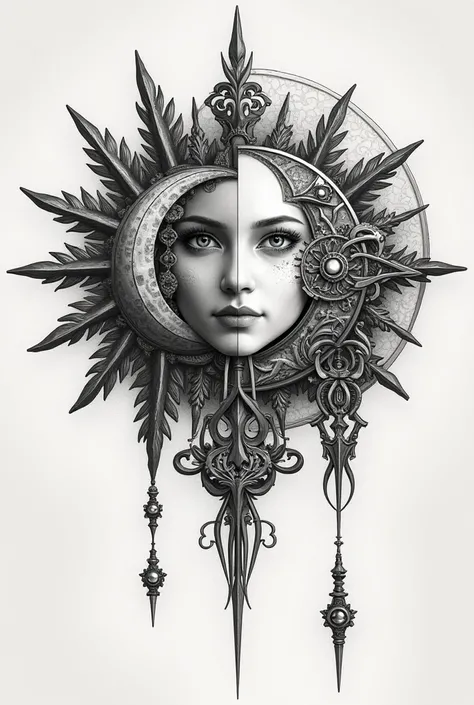 Can you make me two complementary tattoos in black and white for a brother and a sister in reference to the sun and moon medallions of the mysterious cities of gold please.