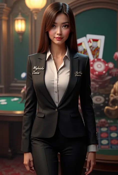  A 3d woman in businesswoman's clothing and with her name (Mykaele )in the clothes , She has straight hair and brown eyes and a casino gaming theme in the back , no bangs ! 