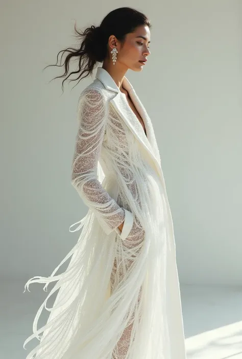 European woman model wearing in a beautiful white rhinestone coat with abstract designs on it.