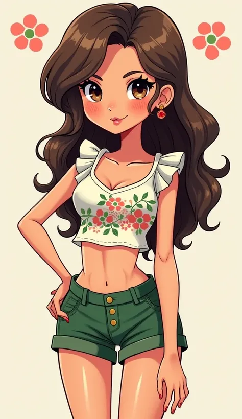 cartoon netwoork style cartoon of a skinny sexy girl without much breast, approximately 20 years,  dark brown hair with light brown highlights ,  brown eyes, chubby lips, dressed in a green short in front ,  a top with muscular sleeves with ruffles and a w...