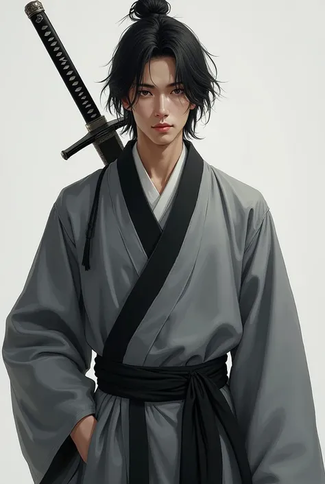 Create an image of a new guy (20 years)  without a beard with a katana on his back,He has medium long hair and gray oriental clothes with black details