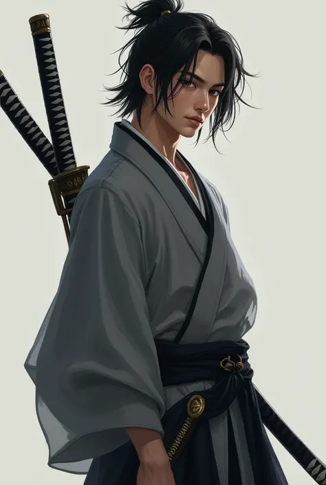 Create an image of a new guy (20 years)  without a beard with a katana on his back,He has medium long hair and gray oriental clothes with black details