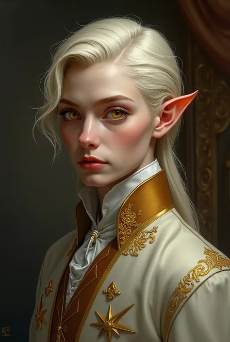  Create a presidential portrait of a white-skinned elf, golden eyes and slim, youthful appearance , short pale blond hair,  with a little beard , 
