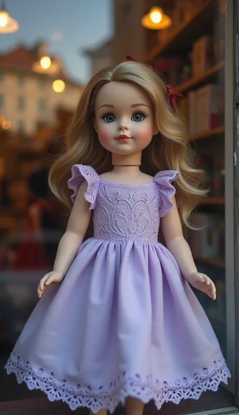  A beautiful doll wearing a lavender lace dress ,  displayed in an old window of a toy store .  Her porcelain skin shines in the evening light , and through the glass ,  you can see strange reflections that don't match her pose