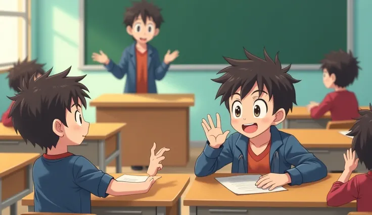 "Anime-style illustration of an  boy sitting at the back of a classroom, playfully mimicking his teacher. The boy has short, messy hair and a mischievous smile as he copies the teacher’s gestures with exaggerated movements. The teacher, standing at the fro...