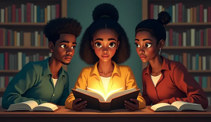 African High school students two men one woman sitting in a library of books reading one book that sheds a strange light on them