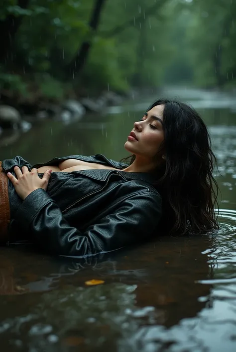 Woman relaxing into puddles, rain, wet leather pants, wet leather jacket, soaked