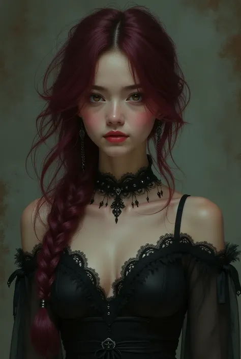 A girl around 23 years old ,  medium brown eyes with black edges ,  dark burgundy red hair ,  she must look delicate and at the same time aggressive,  wearing black gothic style dress  