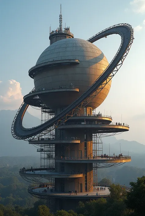 Create the image of a building with a steel metal structure in the shape of Saturn ,  where its rings would serve as a walkway and at the top of the building there would be an open area with a telescope for astronomical observation.