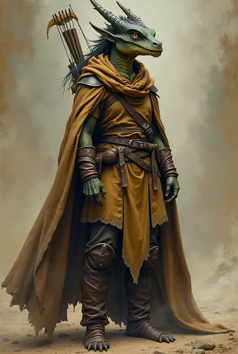 A female bronze-scaled dragonborn wanderer in a classic D&D-style fantasy world. She has a fully draconic face, with no human features, and wears medieval adventurer’s clothing like a leather tunic, boots, and a travel cloak. She carries a bow slung over h...