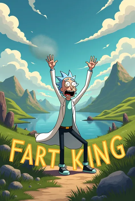 Create the image of rick, from rick and morty farting with a toillet and a beautiful landscape behind him. The Text "Fart King" Should be on the front of the image. 