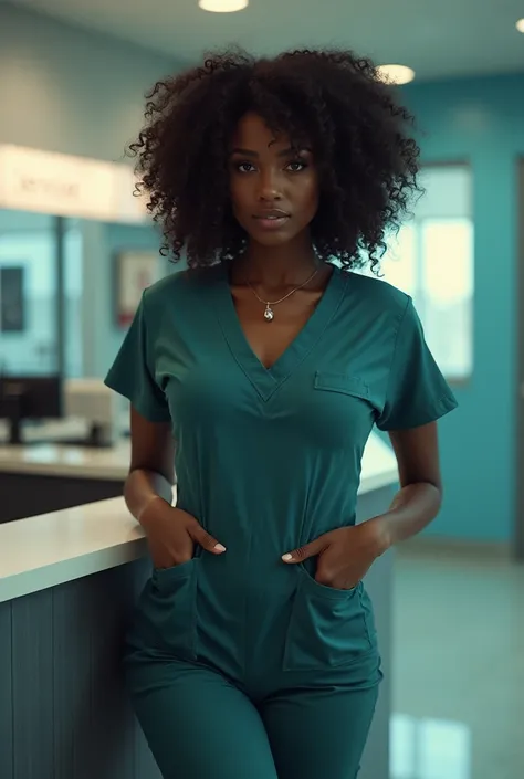 Sexy black nurse with curly hair with sexy body standing in front of the service desk,  realistic photo , I want the photo to look like a porn photo shoot, Make a sexy facial expression on her 