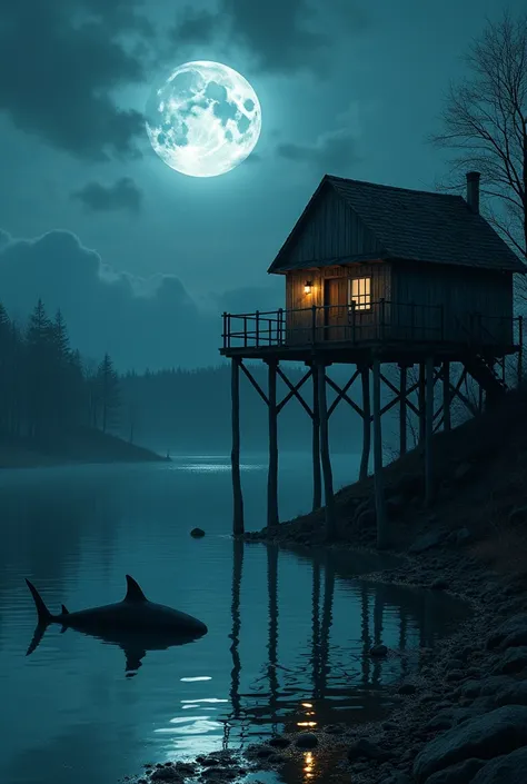 A house on stilts at night by a small lake with the shadow of a shark in