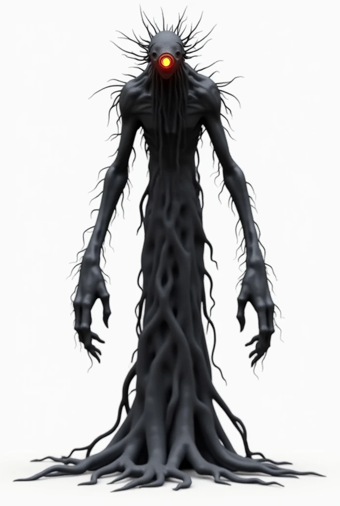 3d model of a horror monster. It is tall slender thin  humanoid monster Made out of black roots and hair like material. Draw it standing tall with it's long three arms dragging on the ground. It Has a singular Eye in the middle od it's face, which is an or...