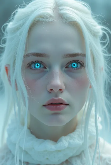 European young woman with white hair and skin, with ten bright blue eyes