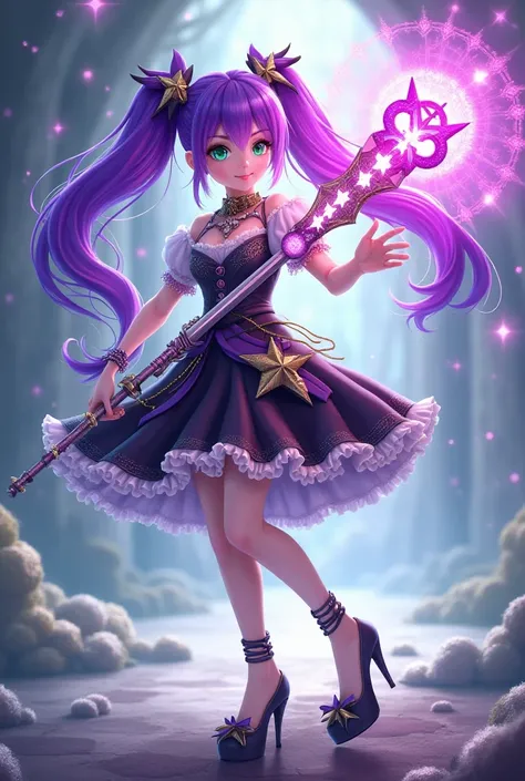 A magic weapon to hold by a magical girl.  Girl has purple hair tied in two high ponytails with stars as hair ties. She has green eyes and black-white-purple dress and heels. Anime style.