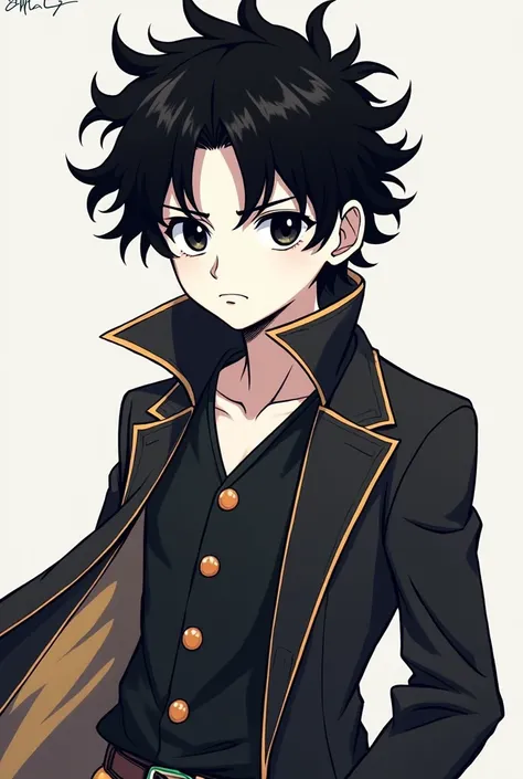 In an anime style : Make a 15-year-old boy , white skin,  defined body,  sloppy black hair ,  black eyes with a speck of light in the center of them. Wearing an exaggerated outfit , como um personagem do Anime Jojo's Bizzard Adventures.