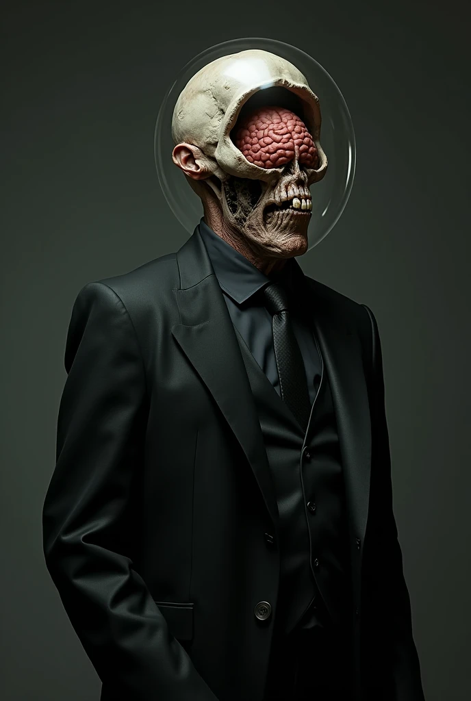 A very large ,  haggard man has an open skullcap and you can see the brain, He has a glass dome on his brain ,  he is dressed in a black suit 