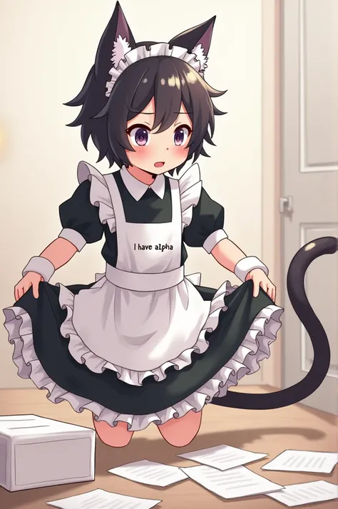 A boy in a maid suit and cat's ears and tail ,  he has a collar that is written on it  (I have alpha )   he is rubbing some papers with his maid's skirt showing his panties lightly but only lightly
