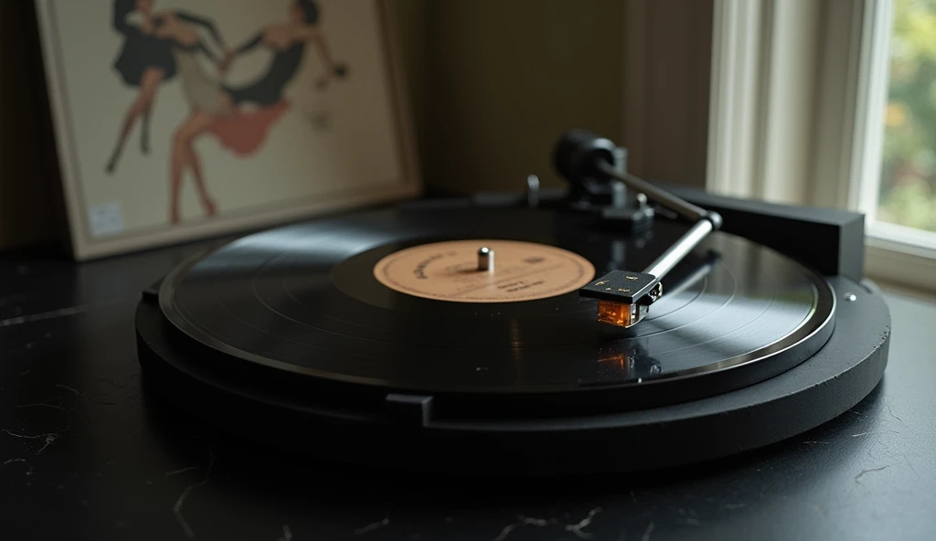 Fine art photography, a single vintage vinyl record resting on a sleek black table, soft reflection, clear --ar 16:9 --style raw --stylize 500 --v 6.1