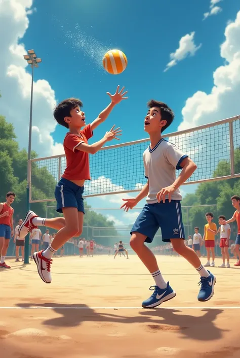 A boy playing volleyball and hits someone head