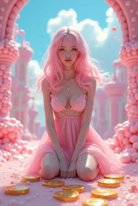 Fantastic beauty 、 high resolution、16k、Fantasy fairy tale 、Candy Country、A young K-pop idol, a beautiful girl with pale pink hair、 wearing a torn dress 、 on my knees、5 large gold coins have fallen、