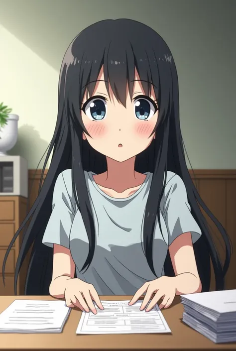 anime girl with long black hair sitting at a desk with a pile of papers, anime visual of a cute girl, anime visual of a young woman, close up of a young anime girl, in the anime film, anime best girl, an anime girl, anime moe artstyle, young anime girl, to...