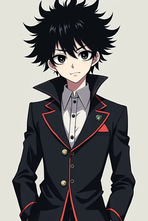 In an anime style : Make a 15-year-old boy , white skin,  defined body,  sloppy black hair ,  black eyes with a speck of light in the center of them. Wearing an exaggerated outfit , como um personagem do Anime Jojo's Bizzard Adventures.