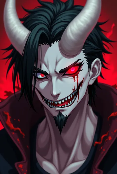 anime character with white face with a demon like face, badass anime , ichigo kurosaki,a close up of a demonic looking demon with a red eye, badass anime 8 k, fit male demon with white horns, venomized, chaos nightmar, a man with a demon like body and red ...