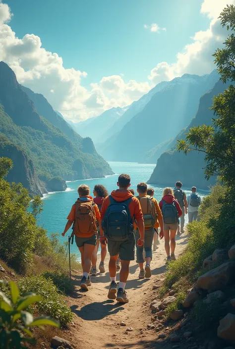 I want a promotional travel image of people on a journey calling to participate in the trip, with a part in the background with space to write 