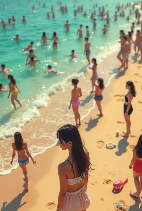 high quality, 8K Ultra HD, view on lonely standing girl in crowded beach, view from above, soft light, atmospere of wondres