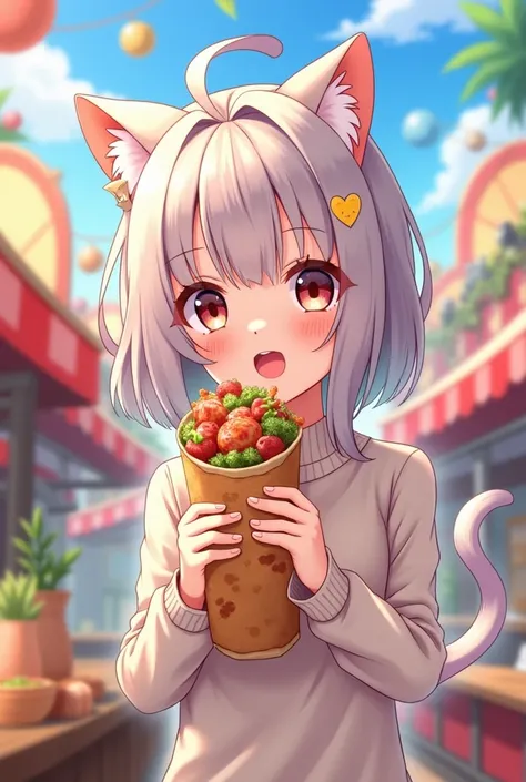 beautiful cat anime girl  "Carnival phantasm " whose name is neko arc is holding a cute shawarma in her hands