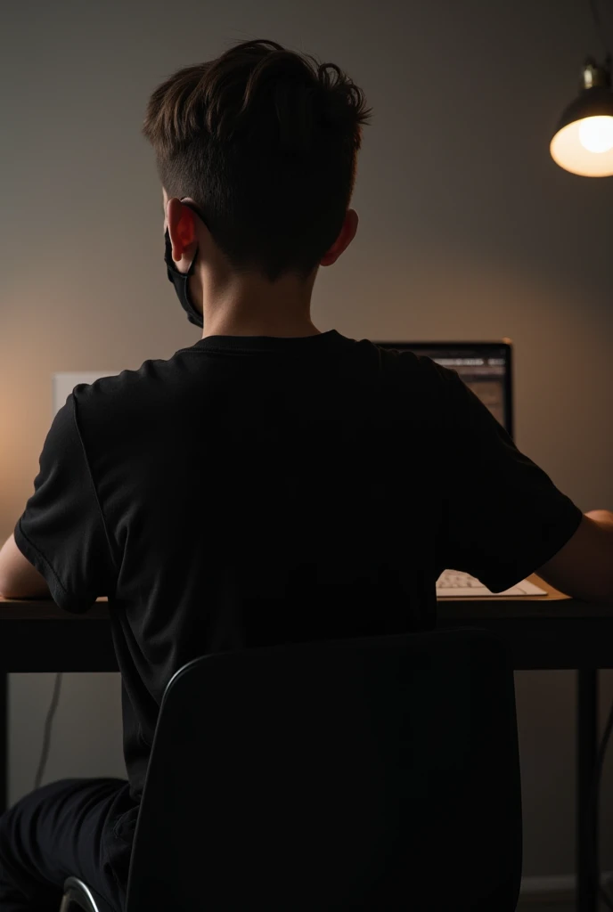 a boy who sit down a chair in front a table har back side show her studio har cloure like dark black and mix some cloure gradient. He put smart cloure t-shirt looks like dark read. Har face is total not showing because he put down a black mask. Har face is...