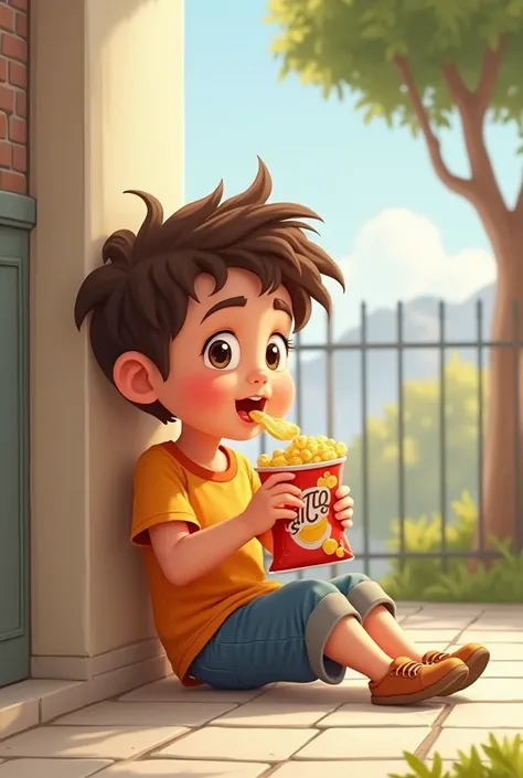 Boy  cartoon eating chips while leaning on a wall outdoors