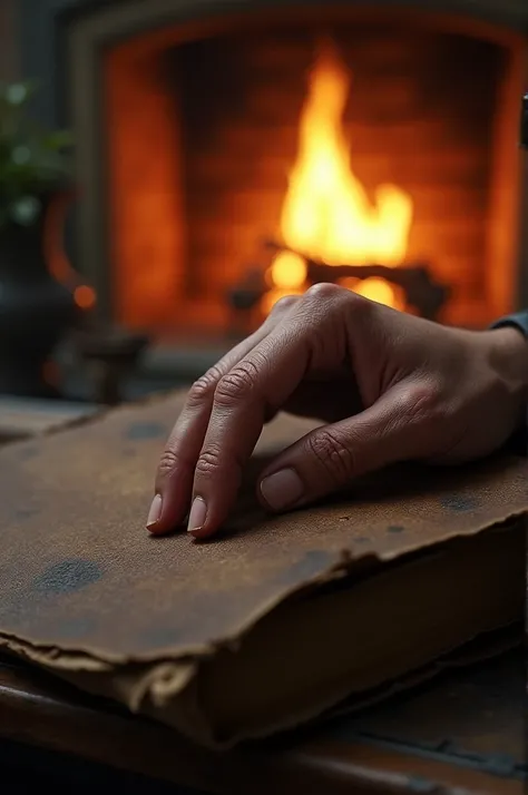  A hand closing a book with the title The Forgotten Son. The camera focuses on a burning fireplace in the background .