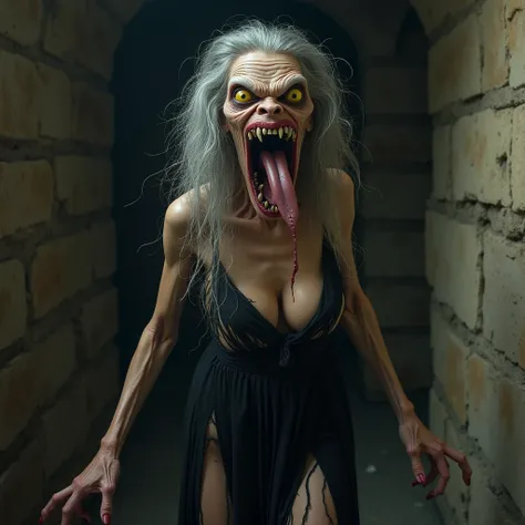 Ugly witch , with monstrous features ,  eyes with yellow iris and thin black pupils, 90 years. Long nose and hind . Slim body with big breasts.  gray hair, long, messy and disheveled. is naked, standing.  Extremely torn black dress, In fringalhos , Letting...