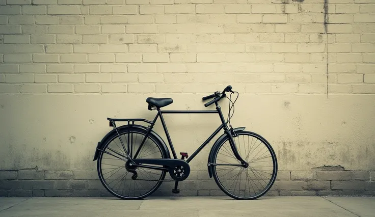 Minimalist photography, single vintage bicycle leaning against a brick wall, surrounding muted tones, clear --ar 5:2 --style raw --stylize 500 --v 6.1