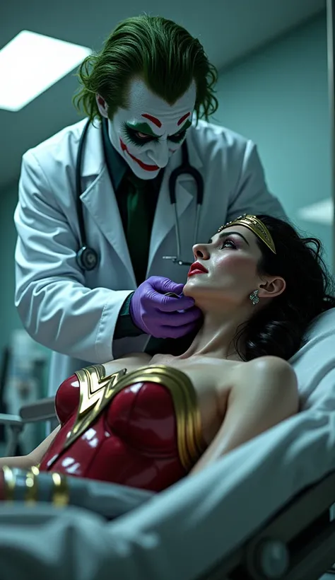 The Joker in doctor's uniform injecting purple liquid to Wonderwoman lying on a hospital stretcher,  ultra real and professional images 