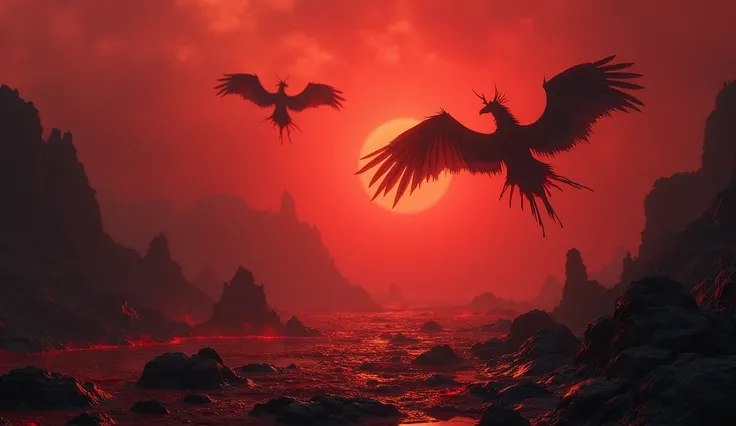 A hellish landscape with lakes of fire ,  black rocks and flying demons in a dark red sky.