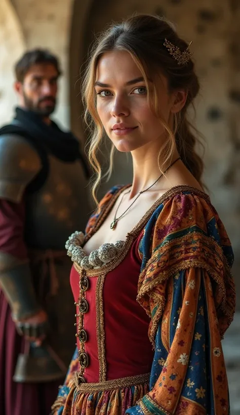 A beautiful medieval lady dressed in a very tight and multicolored dress, She is in a medieval castle , It's daytime and there's very good lighting, In the background there is a medieval king with rusty armor 