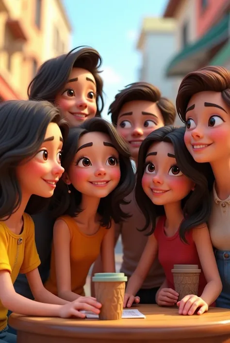 Create an image of six friends, all brunettes ,  with black hair and in 3D Pixar style 
