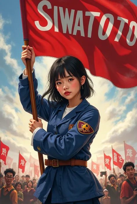 Korean girl holding a flag that says SIWATOTO