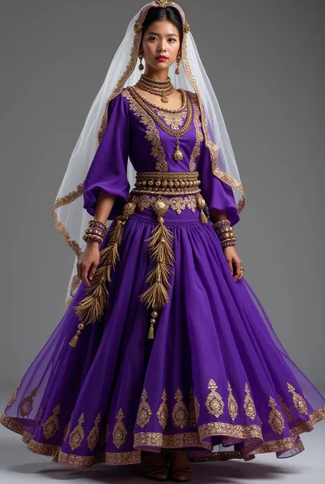 Create a costume for the Bolivian Waka Waka dance, with characteristics that the skirt is purple with gold details, Make the blouse purple and put a white veil on it 