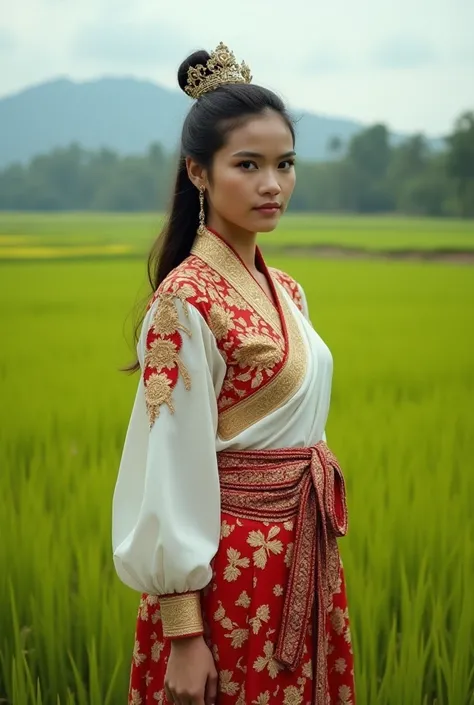 
"A young woman stands gracefully in the middle of a breathtaking rice field in Indonesia, dressed in a stunning traditional outfit that showcases the beauty of local culture. Her sharp, yet captivating gaze reflects both strength and elegance, as she embr...