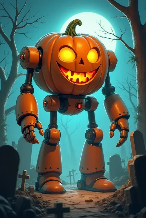 giant pumpkin robot golem, graveyard background, cartoony