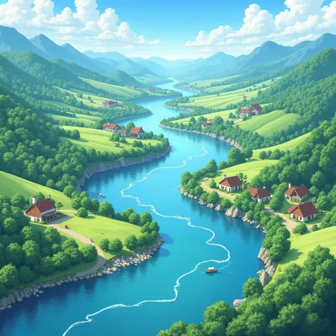 Big river in the countryside,style anime.